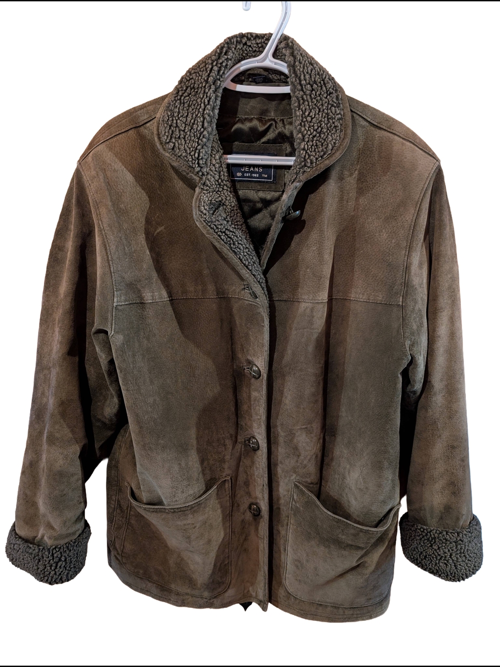 Hechter Collection Men's Dark Green Grey Suede Leather Sherpa-Lined Jacket
